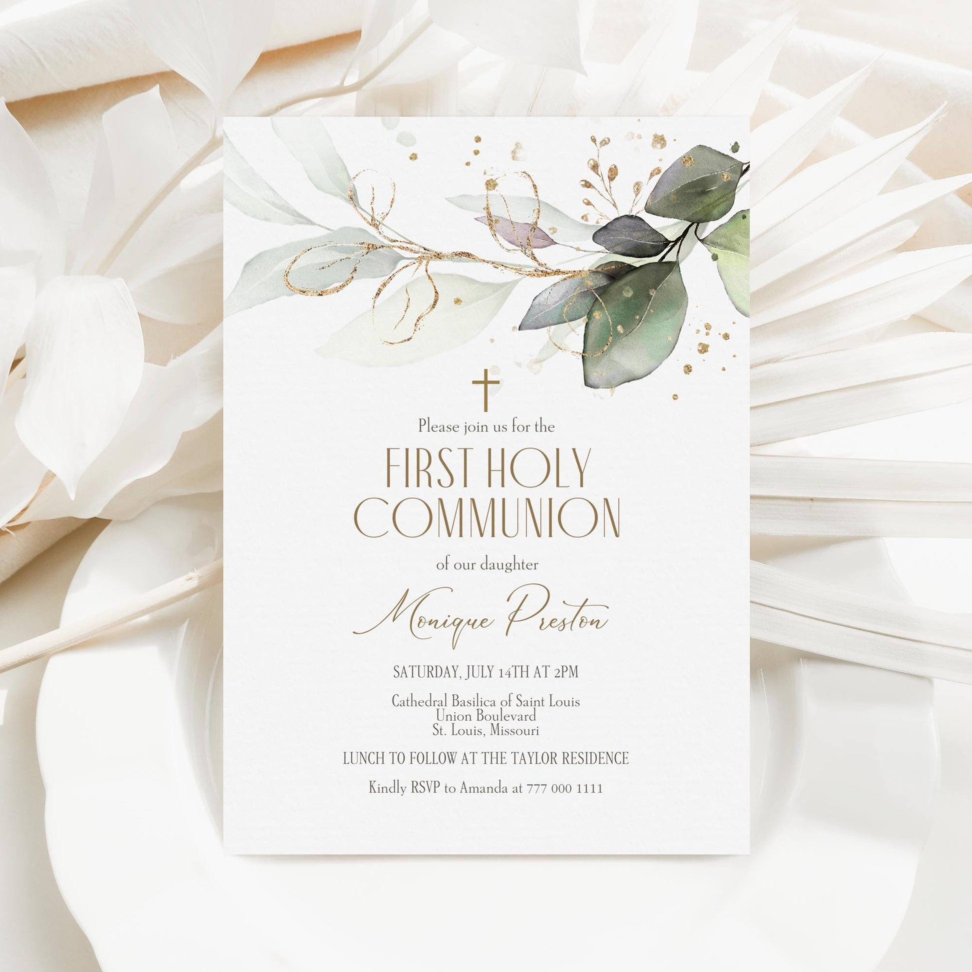 First Holy Communion Invite Template, Editable Greenery First Communion Invitation, Boy Girl Communion Invitation, Digital Card Template