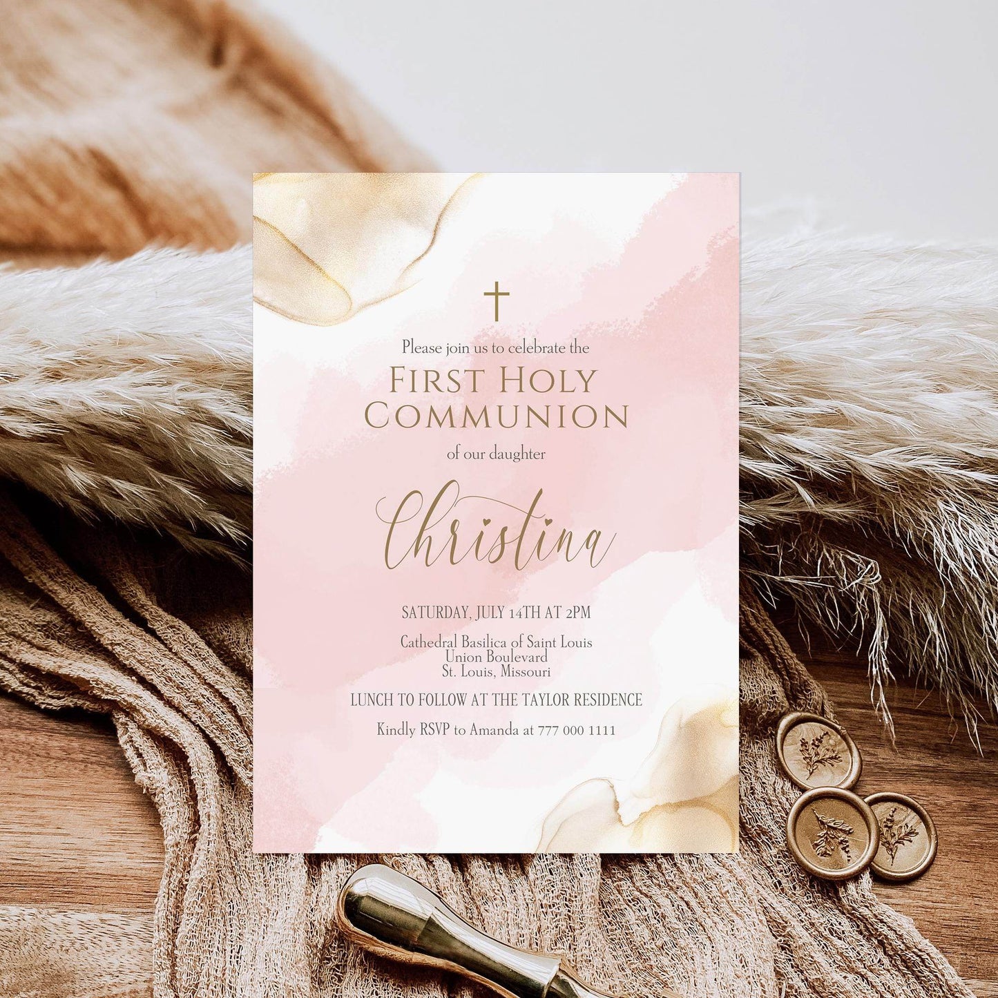 Girl First Communion Invitation Template, Printable Pink Gold Watercolor First Holy Communion Invite, Editable Card, Digital Text Evite Download