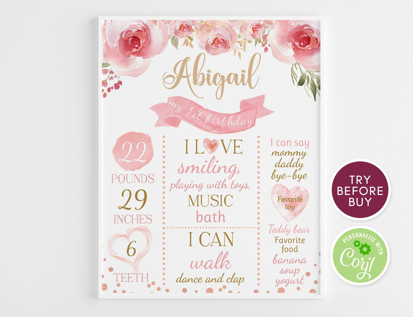 Watercolor Floral First Birthday Poster, Pink and Gold Milestone Board, Girl 1st Birthday Chalkboard Sign, Editable DIY Birthday Sign