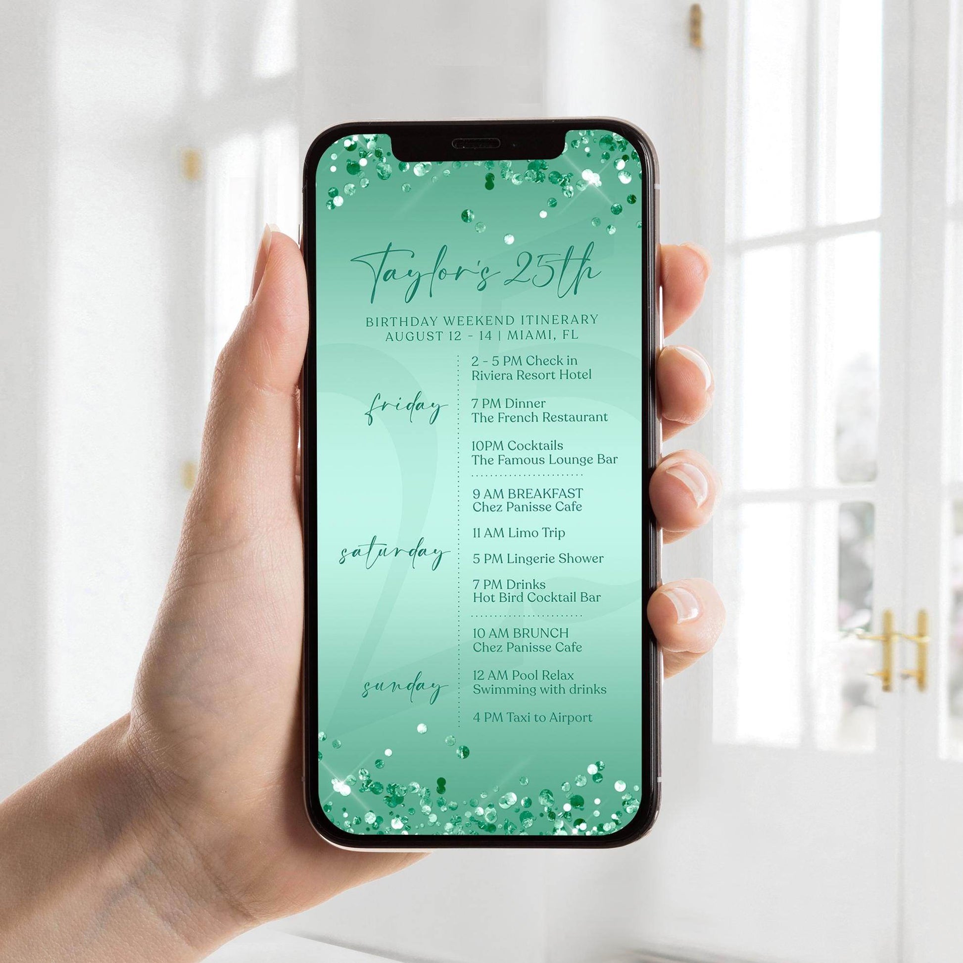 Electronic Mint Green Birthday Weekend Itinerary Template, Editable Birthday Itinerary, Digital Weekend Party Schedule, Itinerary Text Evite
