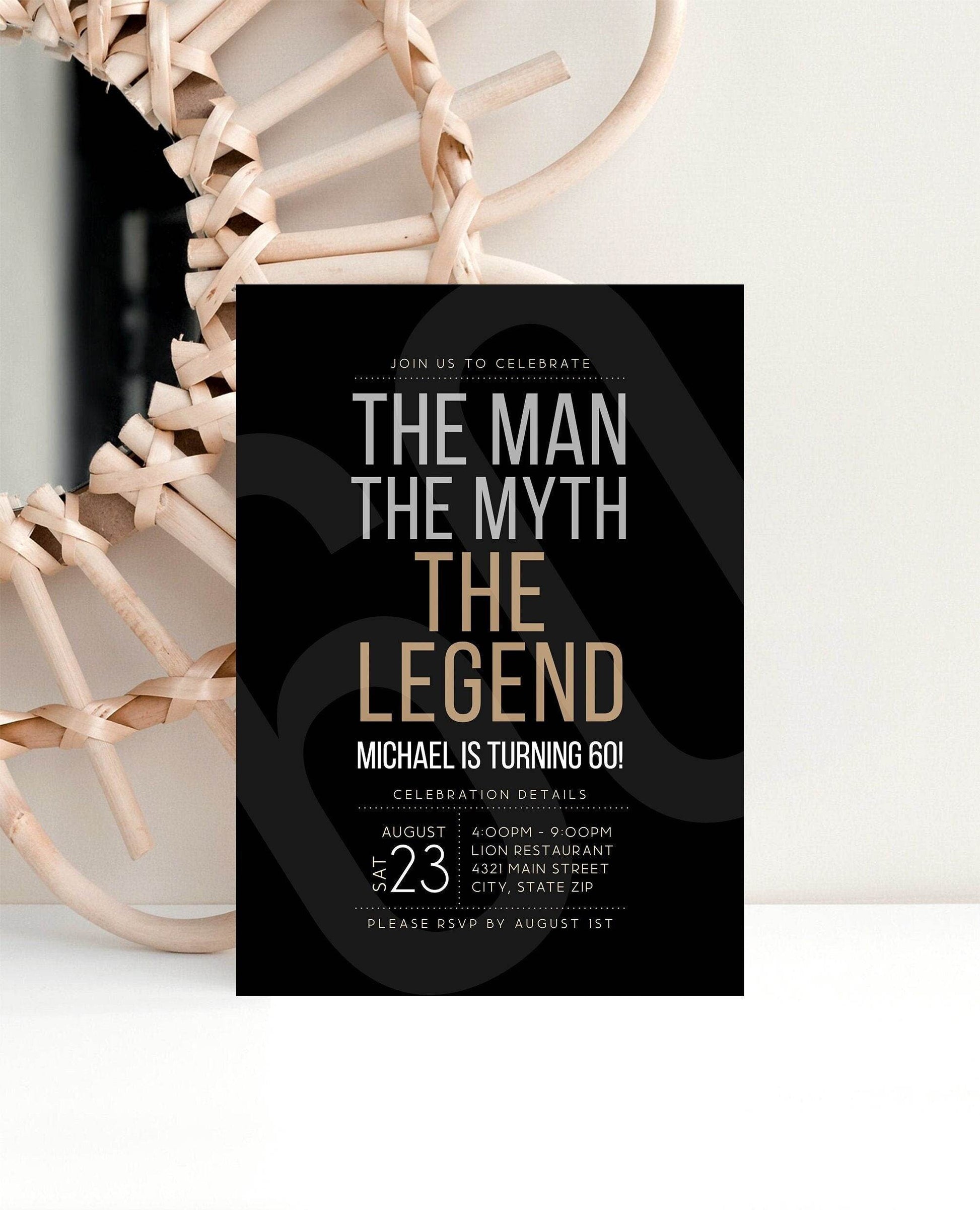 The Man The Myth The Legend Birthday Invitation, Black Editable Milestone Invite, 30th 40th 50th 60th 70th Any Age Digital Download