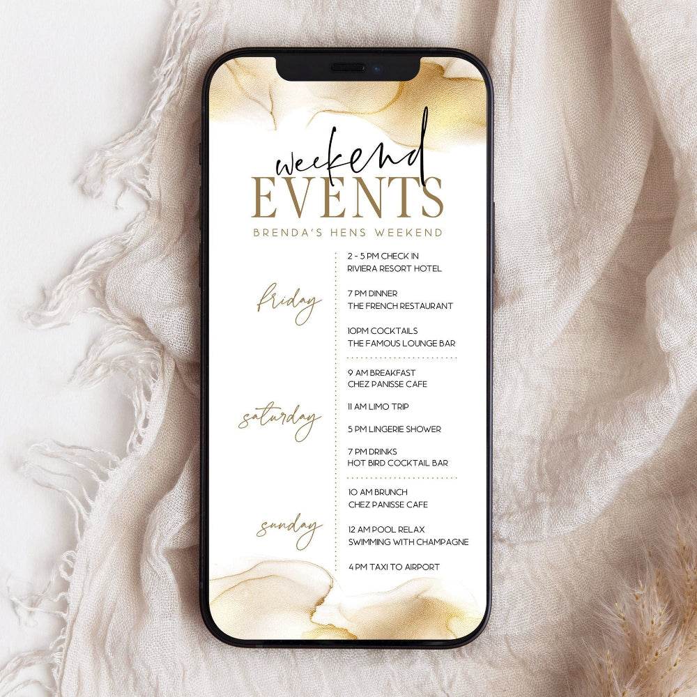 Gold Foil Hens Party Weekend Itinerary Template – Luxury Digital Bachelorette Schedule | Editable Electronic Evite for Text Message | Instant Download