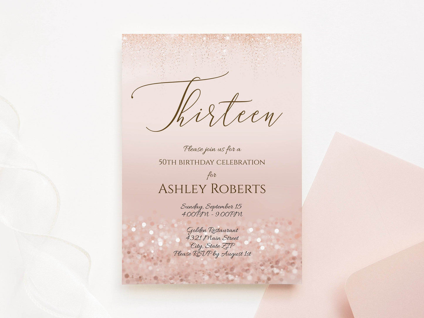 Luxury Rose Gold 13th Birthday Invitation Template, Editable Thirteen Glitter Invite, Printable or Text Digital Teen Party Evite Download