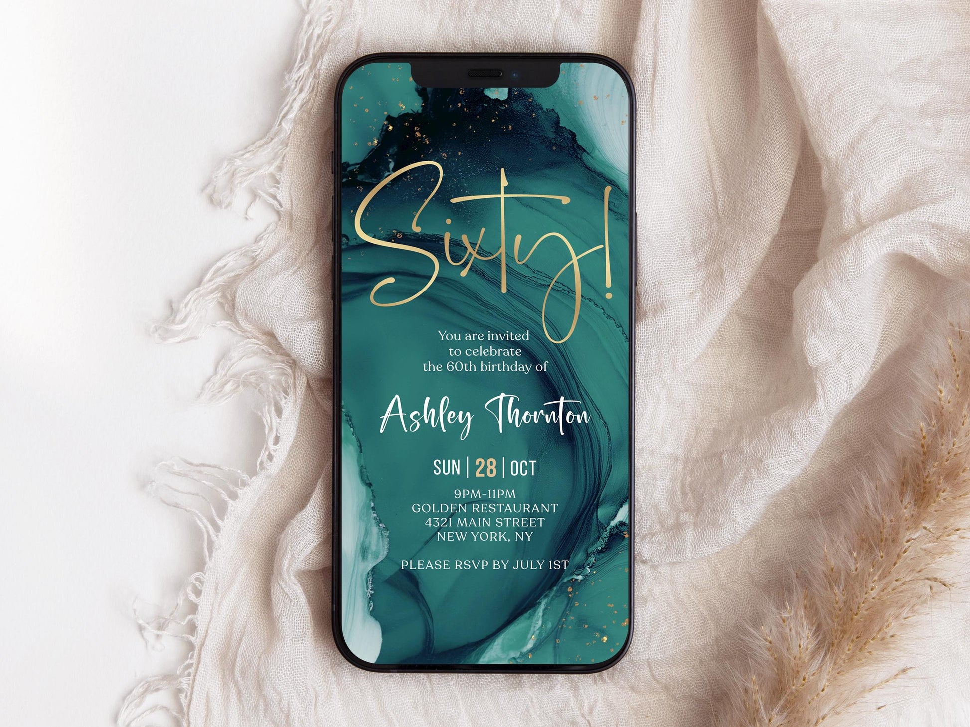 Teal Gold Sixty 60th Birthday Invitation Template, Digital Any Gender Invite, Electronic Self Editable Template eCard, Text Message Evite