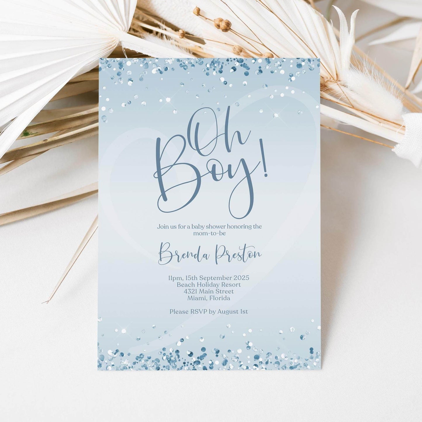 Blue Silver Oh Boy Baby Shower Invitation Template | Editable Boy Baby Shower Invite | Modern Printable Invitation | Digital Download Card