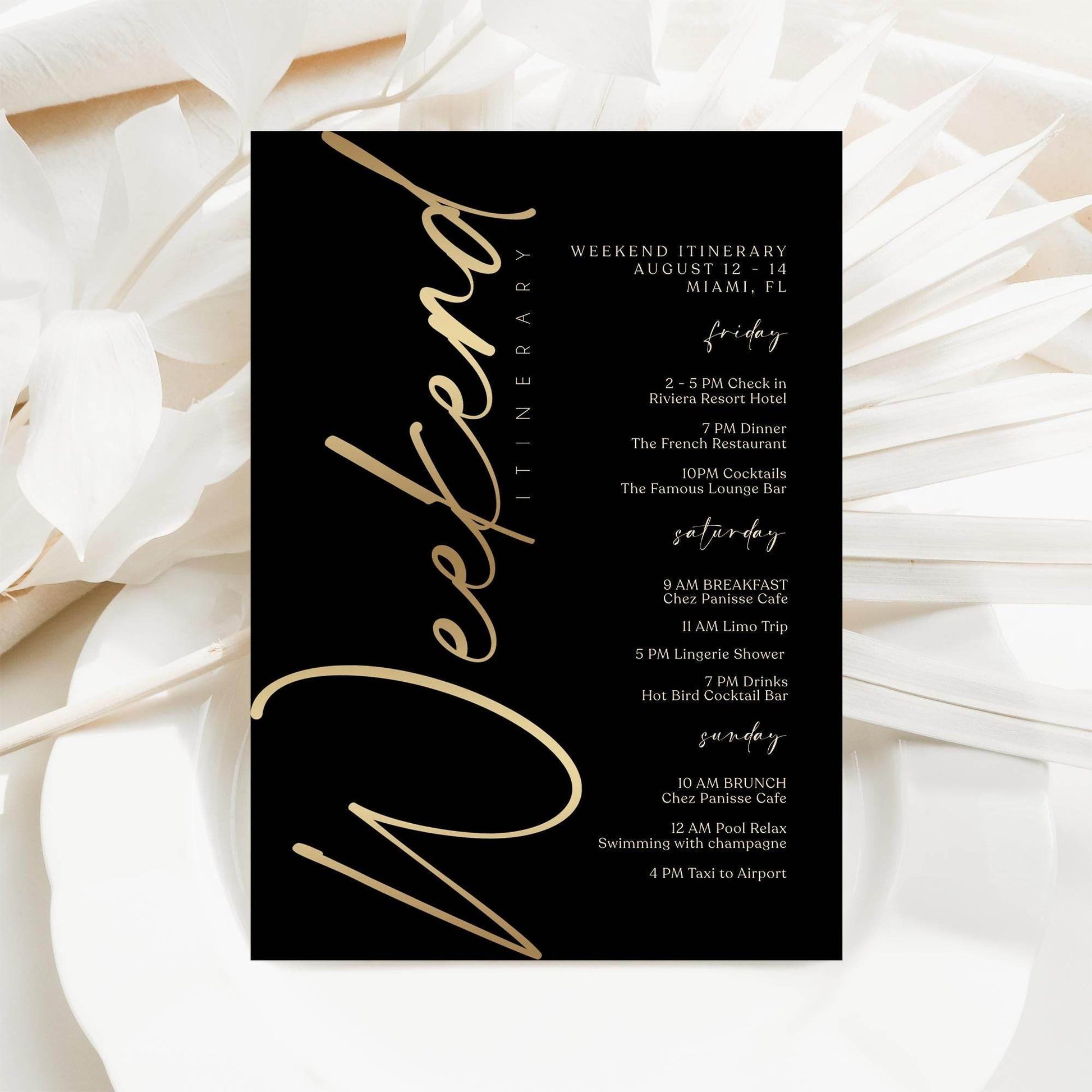 Black Gold Weekend Itinerary Template, Editable Birthday or Bachelorette Schedule, Printable Weekend Event Planner, Instant Download