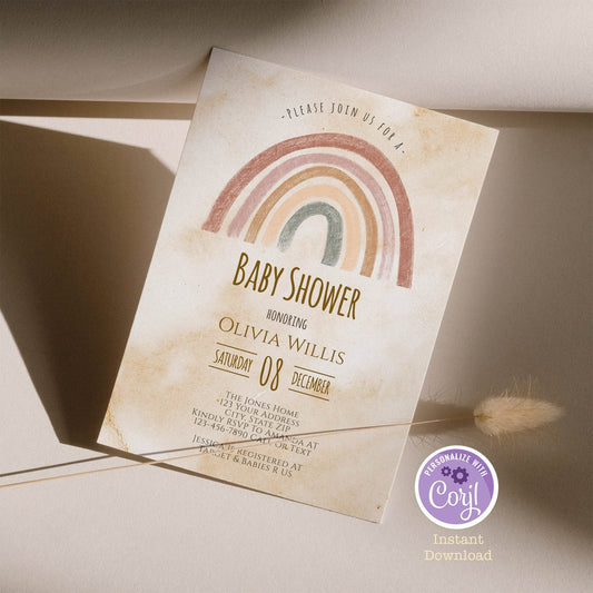 Printable Rainbow Baby Shower Invitation – Editable Gender Neutral Boho Baby Shower Invite | Muted Tones Bohemian Shower Template | Instant Download
