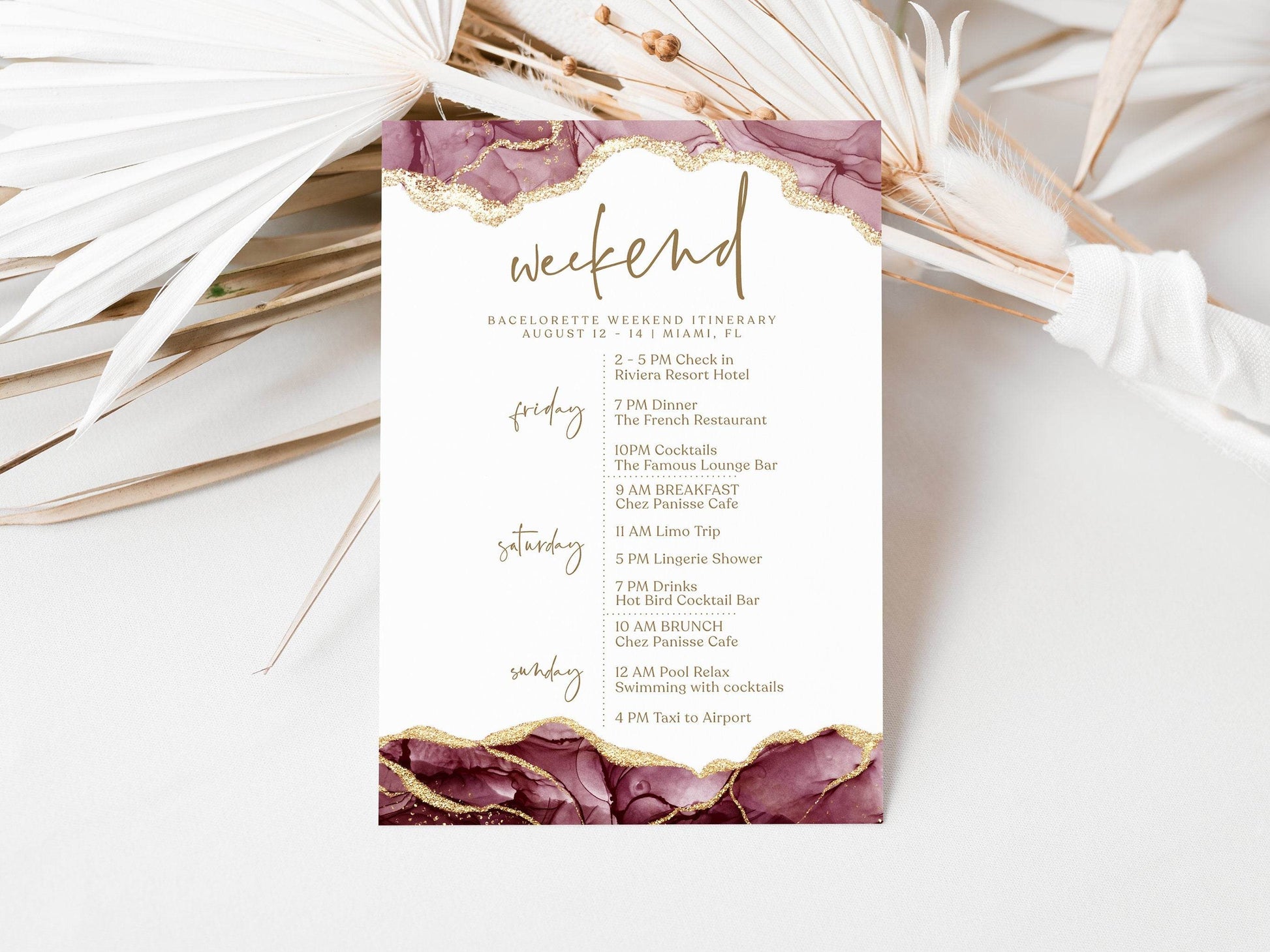 Printable Burgundy Gold Weekend Itinerary Template, Editable Hens Party Bachelorette Schedule, Elegant Birthday Weekend Invitation, Instant Download