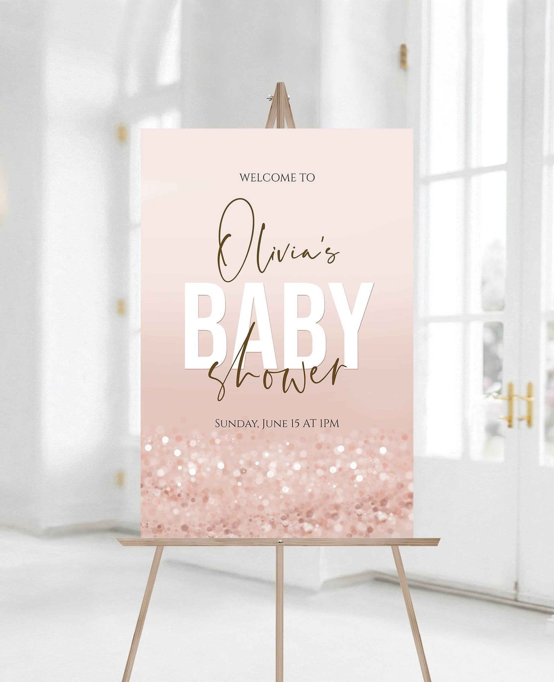 Girl Baby Shower Welcome Sign Template, Editable Rose Gold Confetti Poster, Printable Pink Baby Shower Board, Digital Instant Download