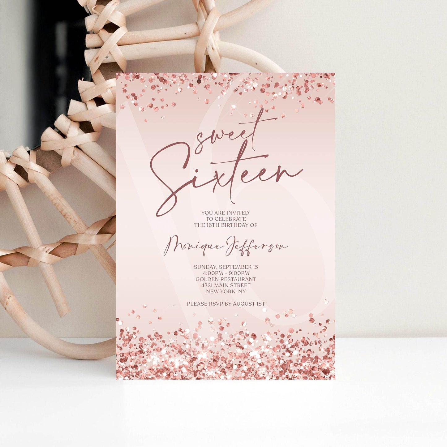 Sweet Sixteen Invitation Template Printable, Pink Rose Gold Confetti 16th Birthday Invite, Editable Girl Party Evite, Text Message Download