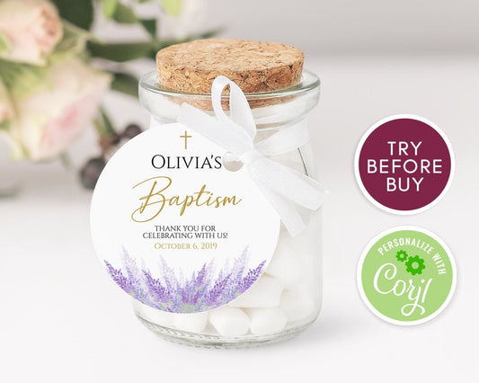Lavender Baptism Thank You Tags | Printable Round Favor Tags | Gold Girl Baptism & First Communion | Christening DIY Tags | Instant Download