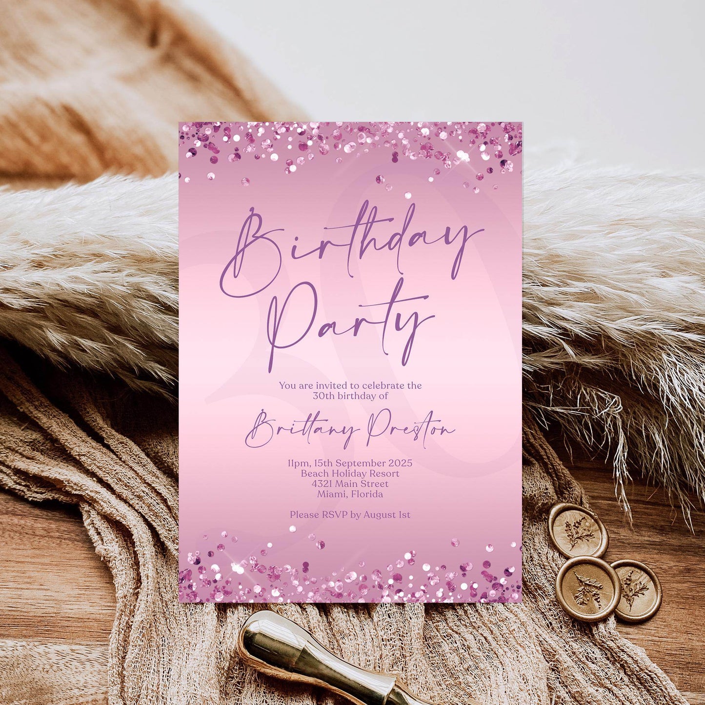 Editable Purple Birthday Party Invitation Template, Printable Woman Birthday Invite, Any Age Birthday Card Invite, Modern Email Text Message