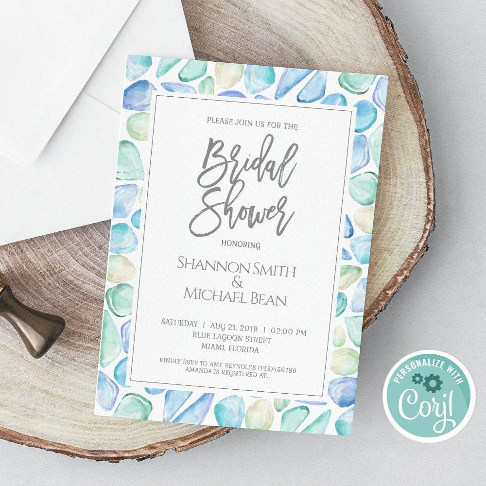 Watercolor Sea Glass Bridal Shower Invitation – Beach Themed Editable Template | Printable Ocean Bridal Shower Invite | DIY Instant Download