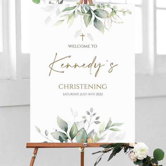 Printable Christening & Baptism Welcome Sign – Greenery & Gold Watercolor Eucalyptus Design | Editable Gold Foil Effect Sign | Instant Download