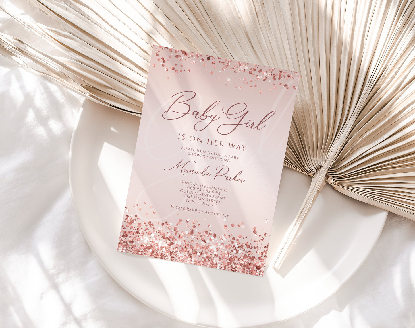 Printable Baby Girl Rose Gold Baby Shower Invitation – Editable Template
