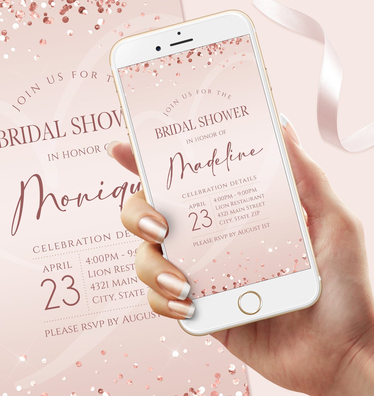 Pink Bridal Shower Invitation Template | Digital Rose Gold Editable Evite | Bride-to-Be Invite for Text Message or Email | Instant Download
