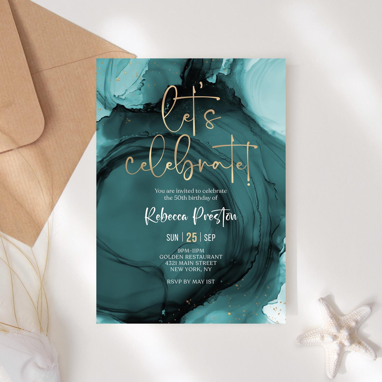 Teal Gold Let's Celebrate Birthday Invitation Template, Printable Birthday Dinner Invite, Any Age Editable Surprise Invite, Digital Download