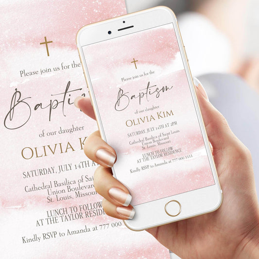 Digital Girl Baptism Invitation – Editable Pink Watercolor Christening Evite Template – Gold Text Message Invite – Girls Baptism or Christening eCard