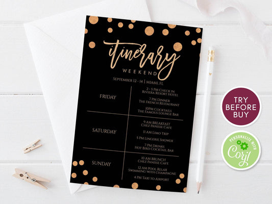 Black Gold Confetti Itinerary Template – Editable Weekend Schedule – Bachelorette, Hens Party, Birthday Itinerary – Instant Printable Download