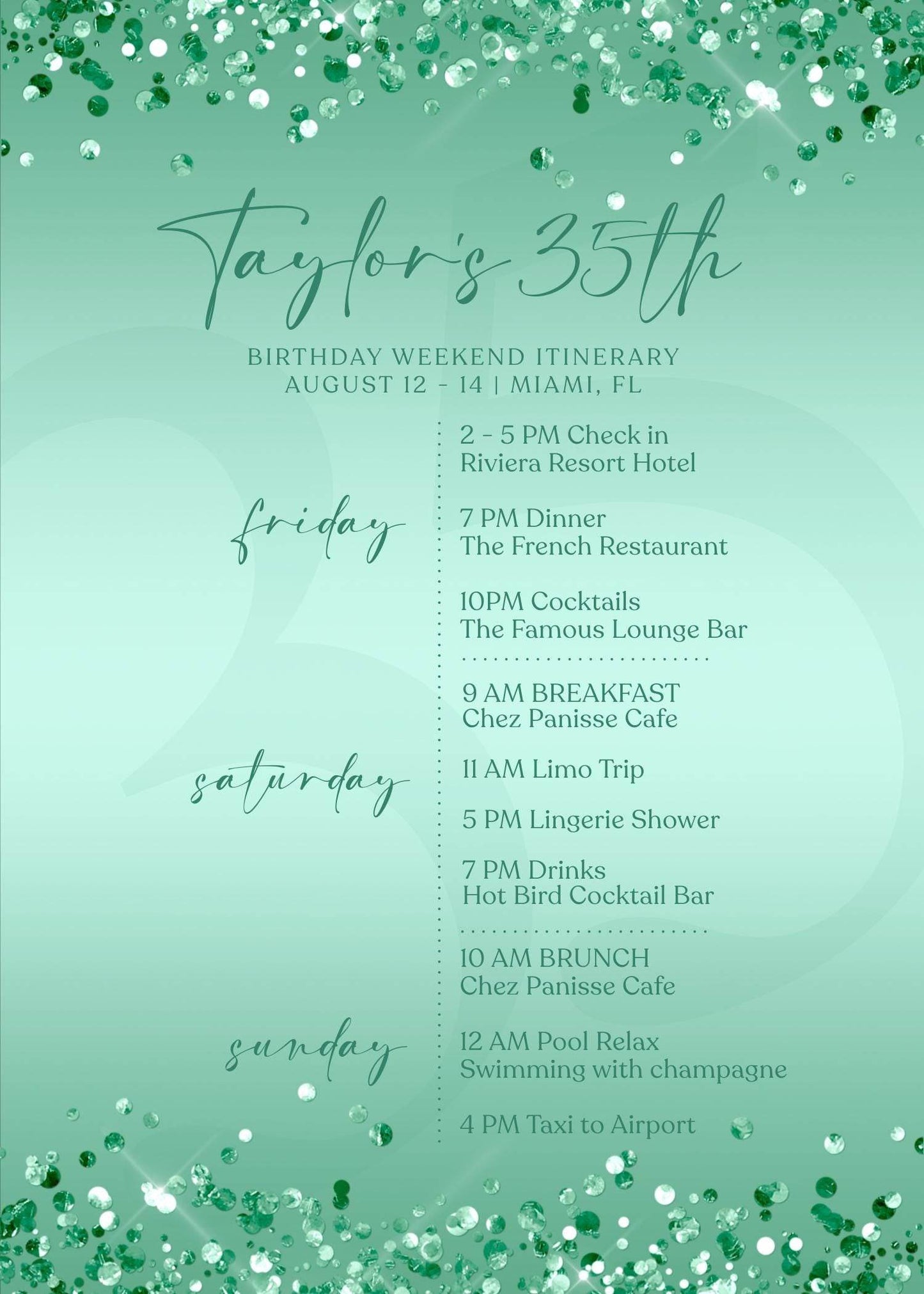 Editable Green Mint Birthday Itinerary Template, Printable Woman Itinerary, Ladies Weekend Itinerary, Party Schedule, Email Text Message