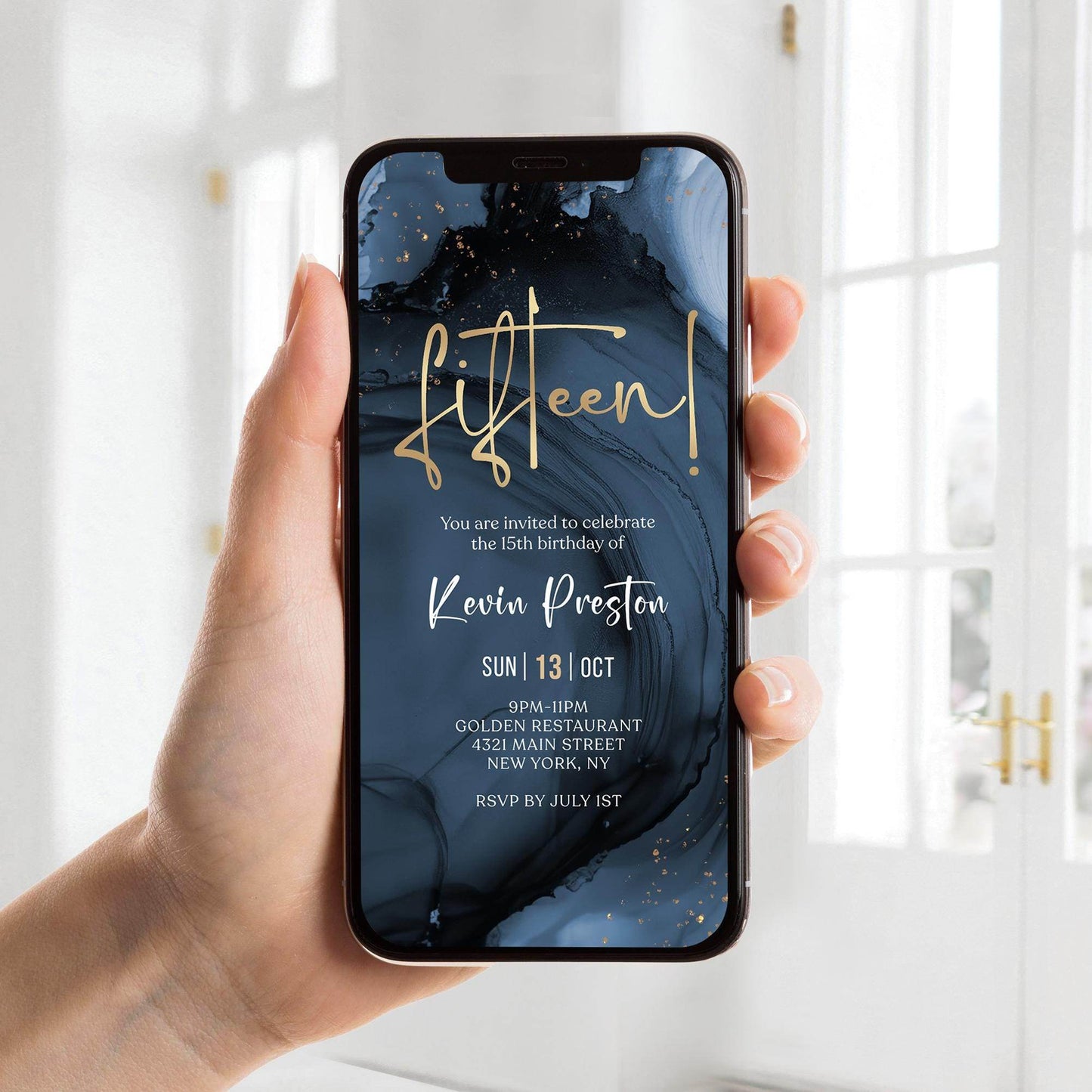 Blue Navy & Gold 15th Birthday Invitation Template for Boys – Digital Fifteen Birthday Party Invite | Editable Electronic Text Message Evite | Instant Download