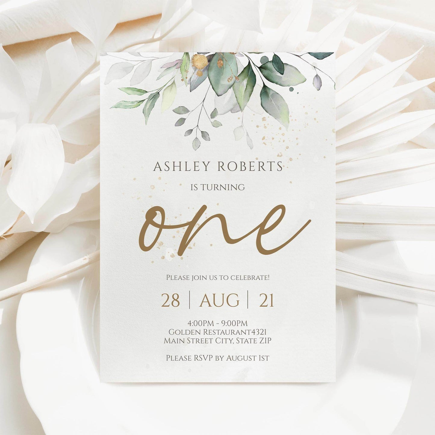 Baby One First Birthday Invitation Template, Editable Greenery Eucalyptus Boho Invite, Printable 1st Birthday Card, Instant Download
