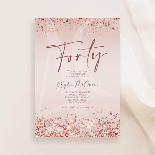 Rose Gold 40th Birthday Invitation Template, Editable Any Age Birthday Evite, Printable Pink Invite for Women, Text Message Download