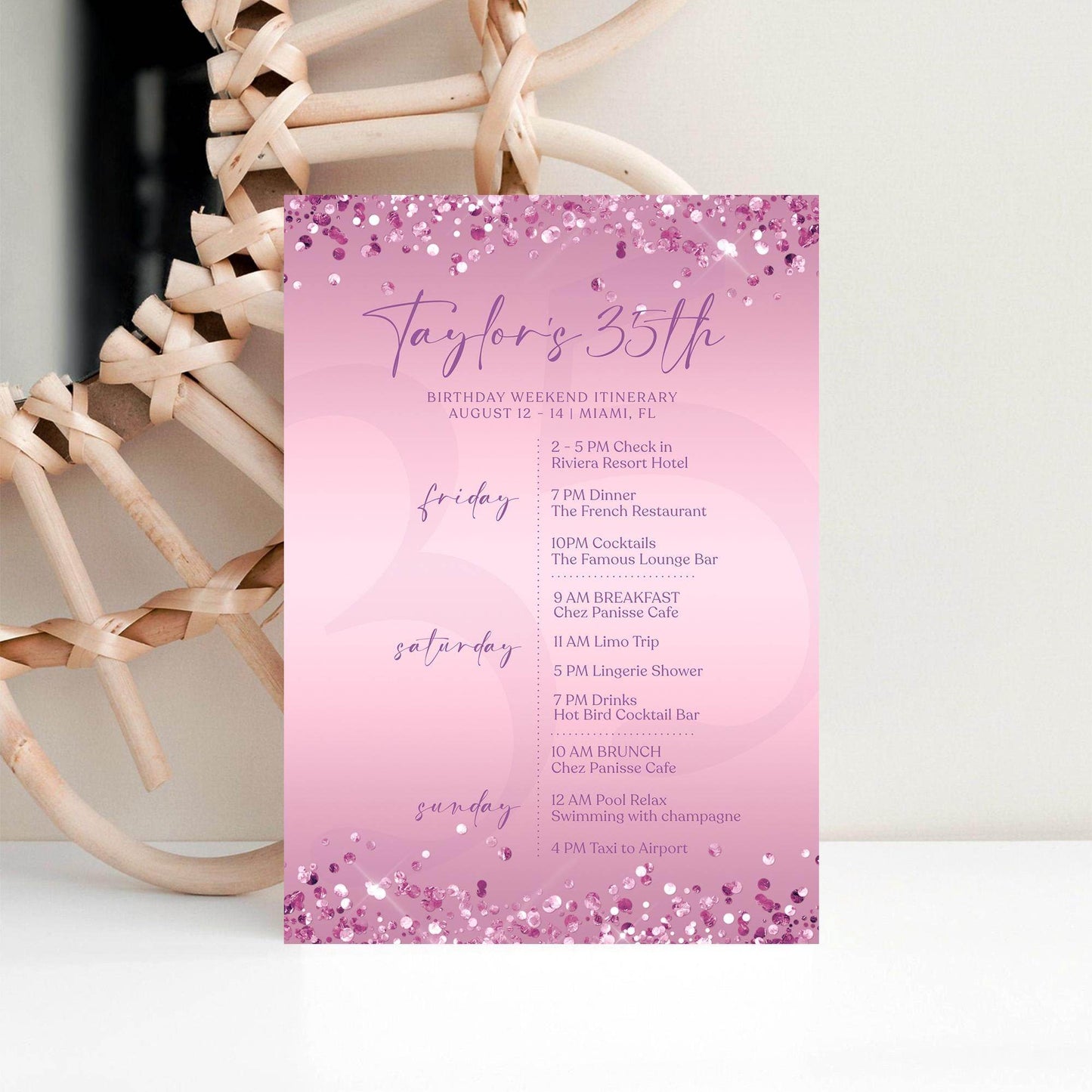 Editable Purple Any Age Woman Birthday Itinerary Template, Printable Lavender Woman Itinerary, Ladies Weekend Itinerary, Email Text Message