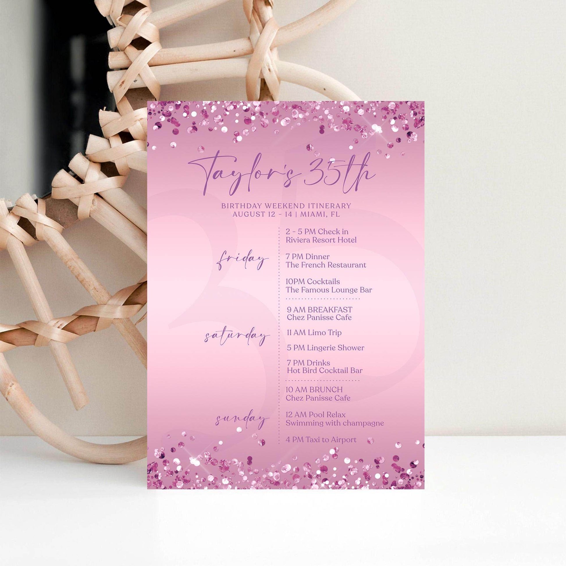 Editable Purple Any Age Woman Birthday Itinerary Template, Printable Lavender Woman Itinerary, Ladies Weekend Itinerary, Email Text Message