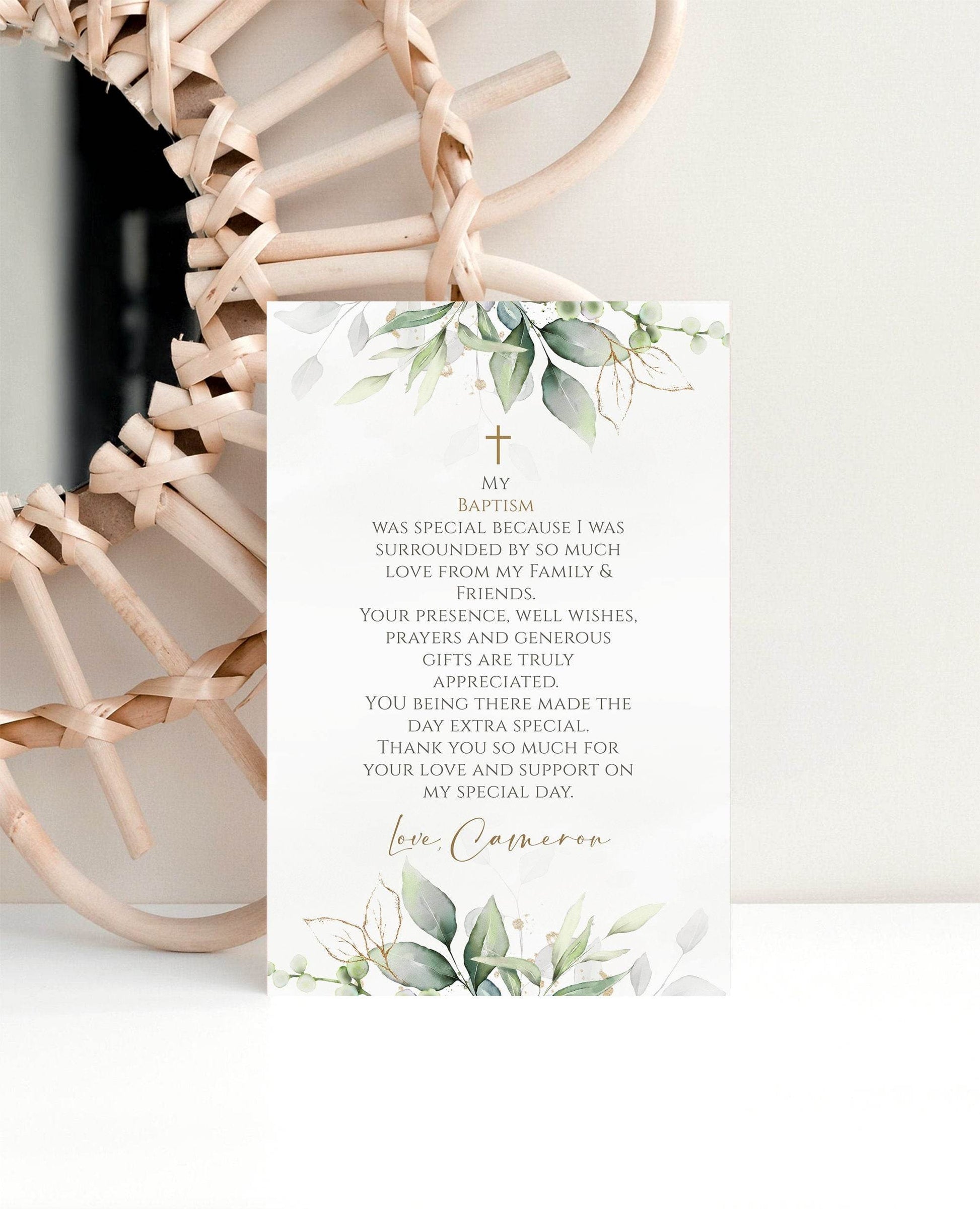 Editable Baptism Thank You Card Template – 4x6 Printable Greenery Watercolor Note | Baptism Thank You Evite | Digital Download