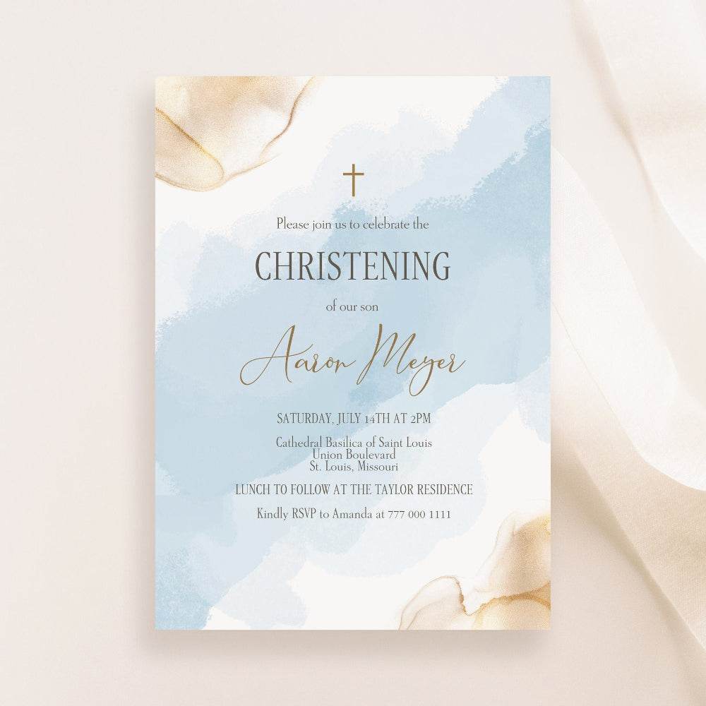 Boy Christening Invitation – Blue Gold Watercolor Printable Template – Editable Baptism Invite – Instant Download