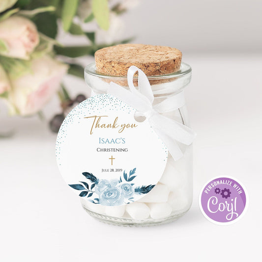 Blue Floral Baptism Round Favor Tag, Printable Blue Gold First Communion Tags, Boy Baptism Christening Favor Thank You Tag, Instant Download