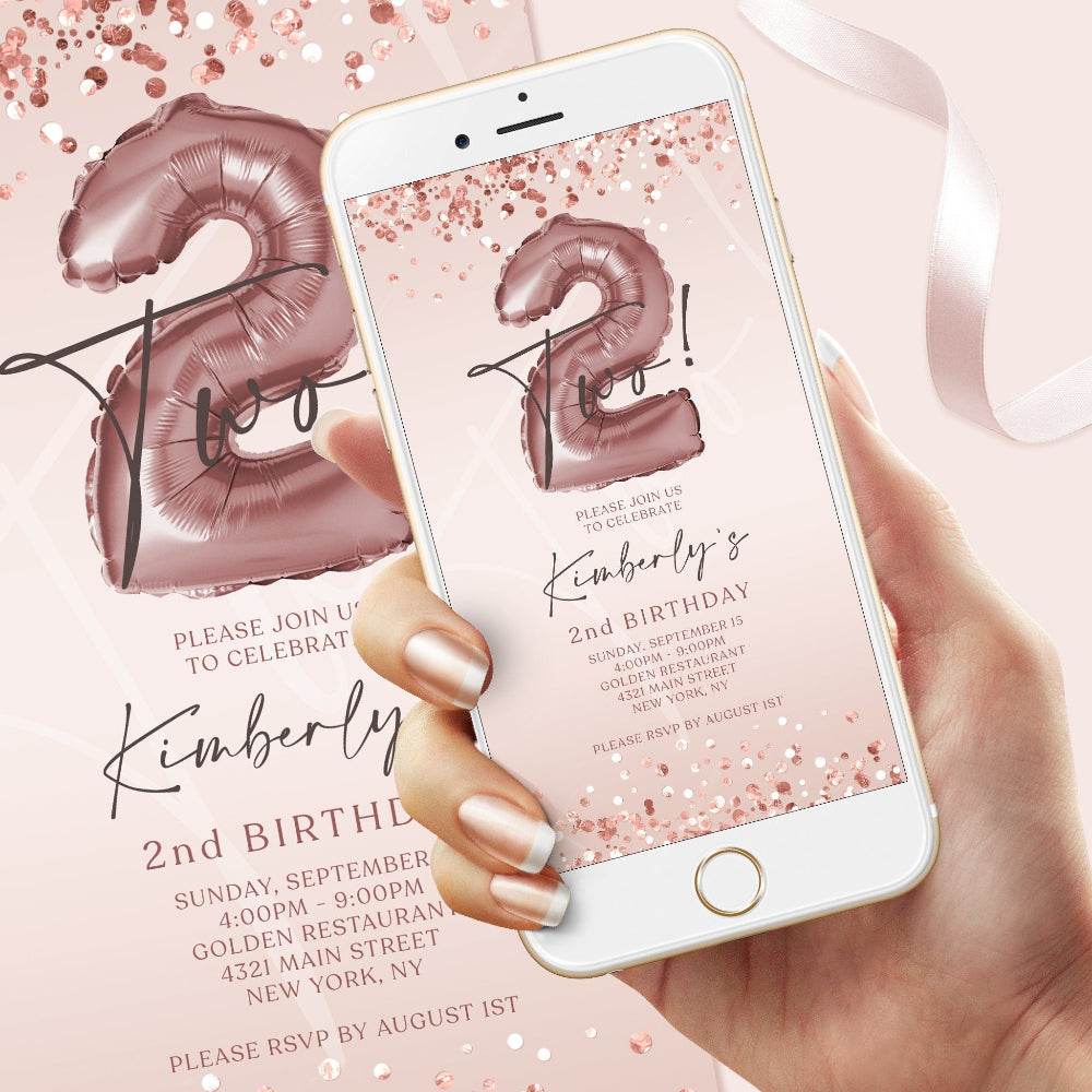 2nd Birthday Rose Gold Digital Invitation – Editable Girl Birthday Evite – Mobile Text Message Template – Electronic DIY Invite