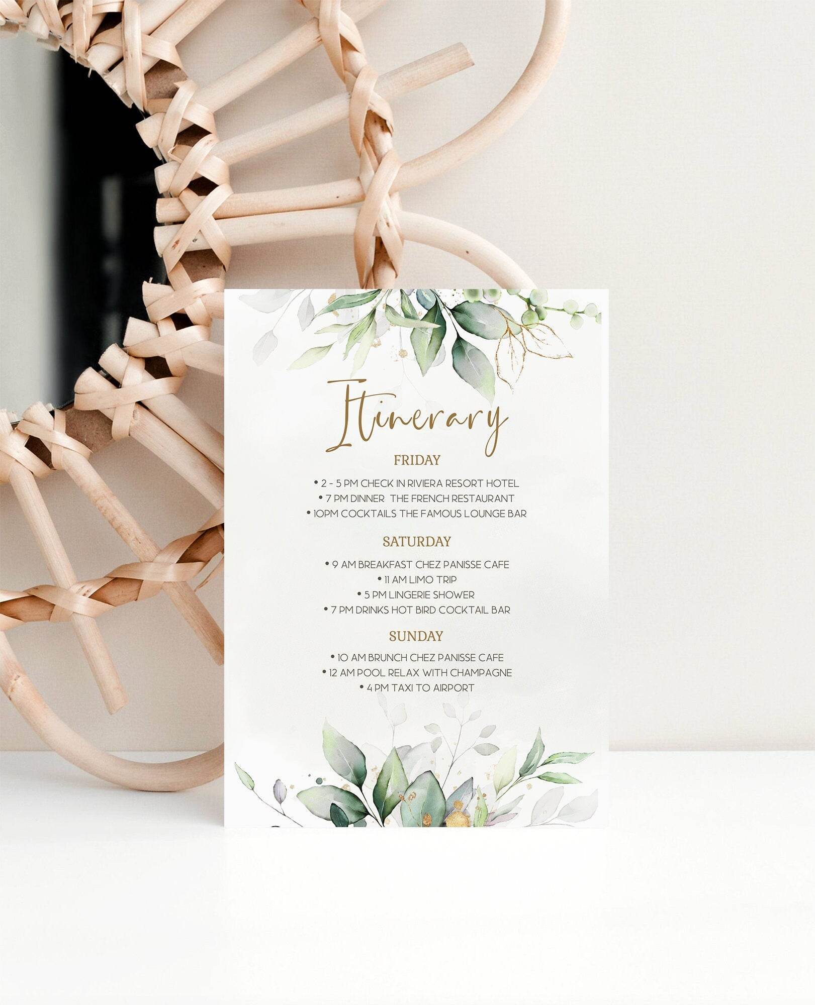 Printable Greenery Itinerary Template, Bachelorette Itinerary, Birthday Weekend Schedule, Editable Itinerary, Instant Download PDF