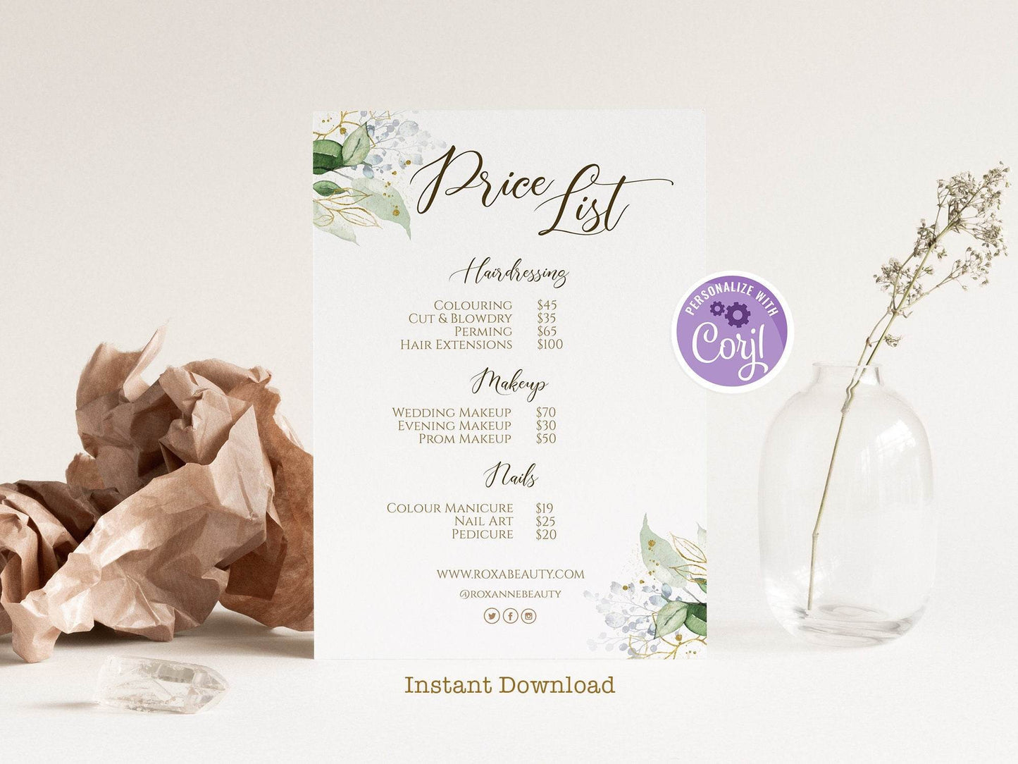 Watercolor Greenery Price List Editable Template, Business Price List Template, Printable Price List, Price Sheet Template, Instant Download