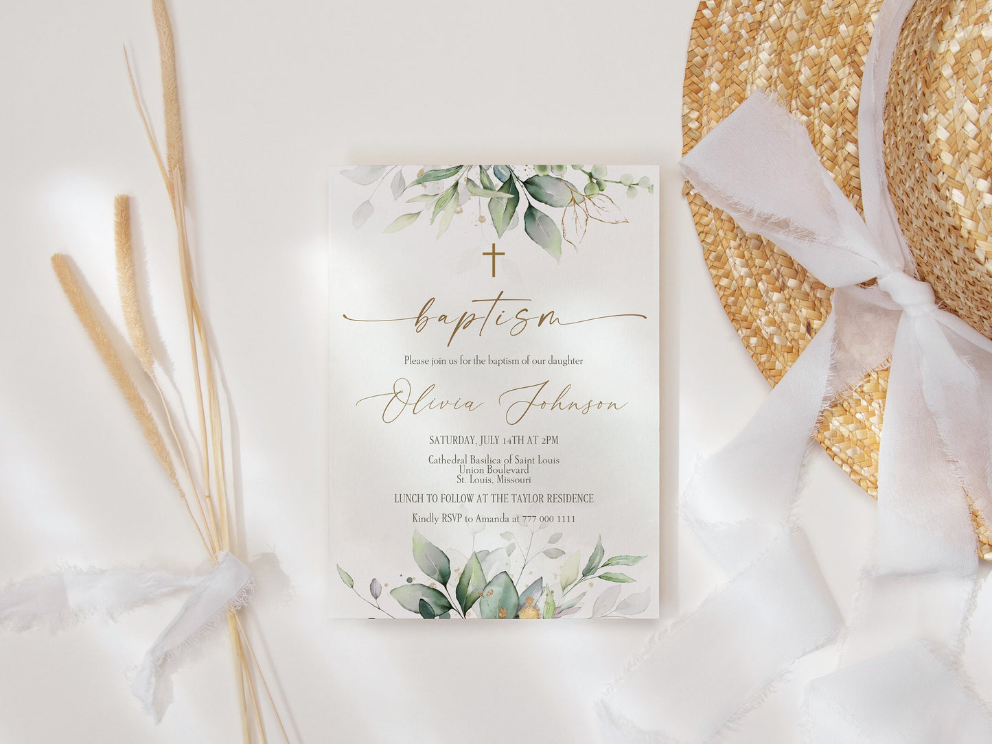 Greenery Baptism Invitation Template | Editable Christening Card | Instant Download