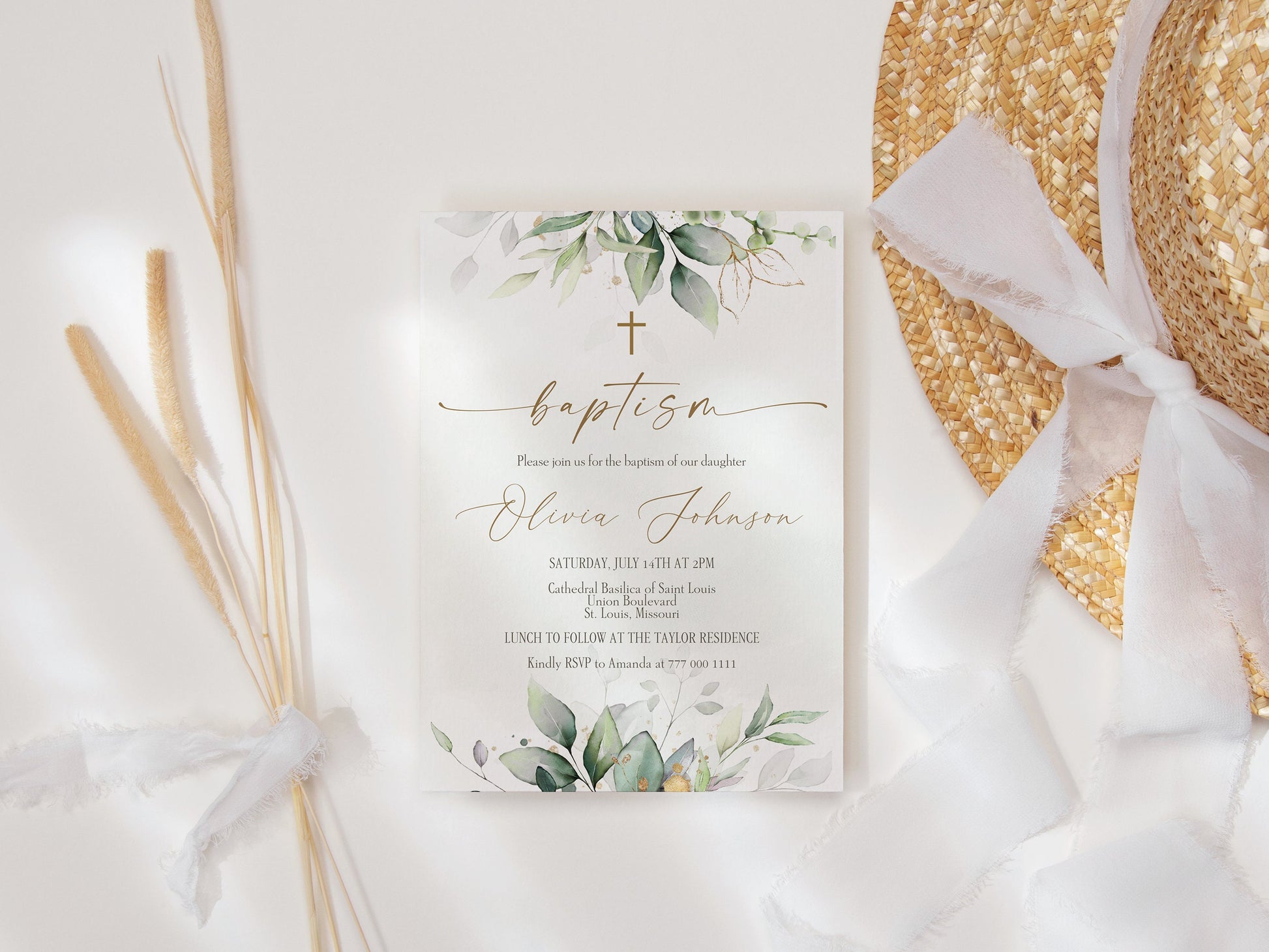 Greenery Baptism Invitation Template | Editable Christening Card | Instant Download