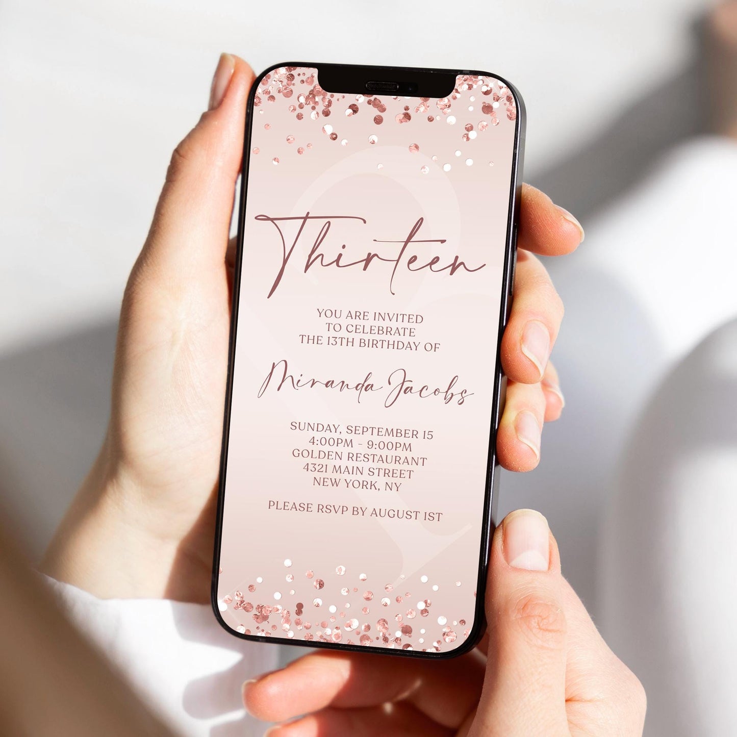 13th Birthday Pink Invitation | Digital Rose Gold Confetti Party Invite | Editable Teen Birthday Evite Template | Text Message Instant Download
