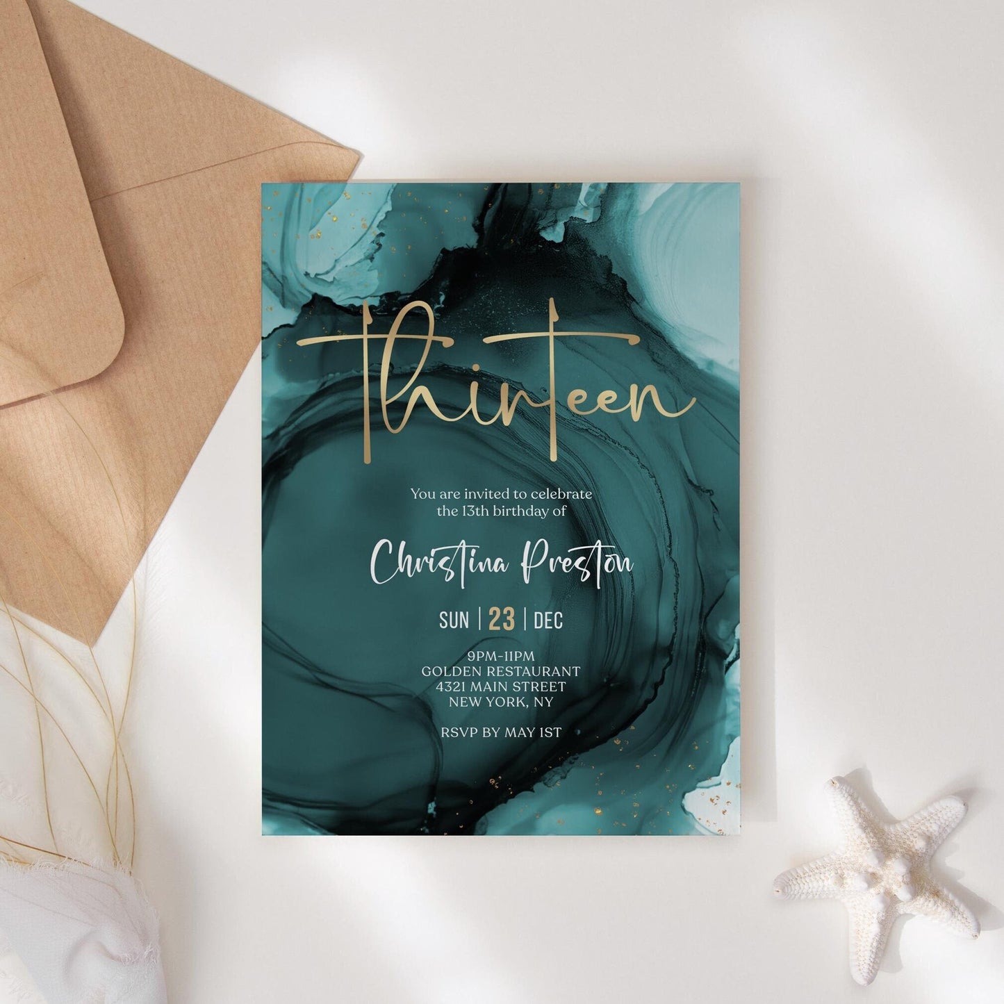 Teal Gold 13th Thirteen Birthday Invitation Template, Printable Birthday Party Invite, Editable Boy Girl Surprise Invite, Digital Download