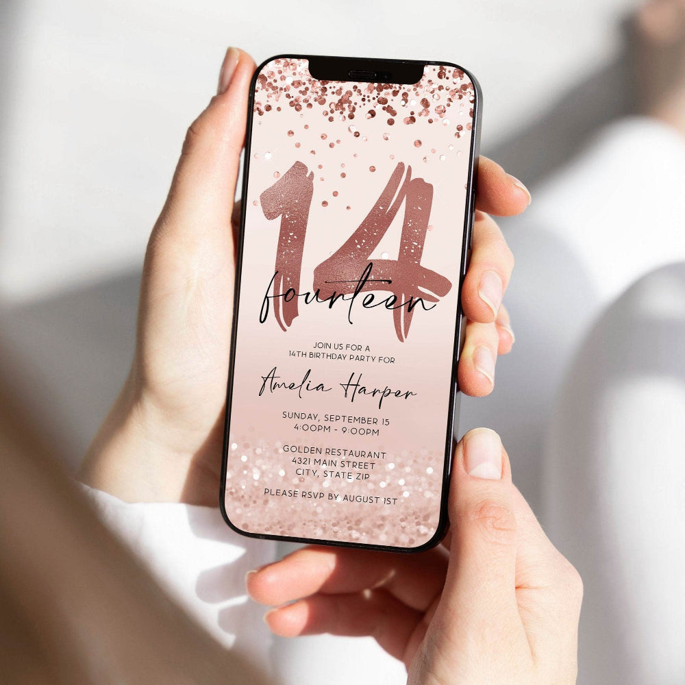 Rose Gold 14th Birthday Invitation Template, Editable Fourteen Girl Digital Party Invite, Electronic Text Message Evite, Instant Download