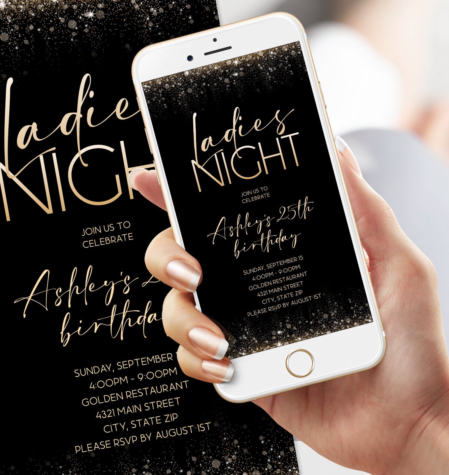 Black Gold Let's Party E-Invite, Ladies Night Birthday Invitation, Black Gold Foil Text Message Invite, Digital Invitation, Instant Download