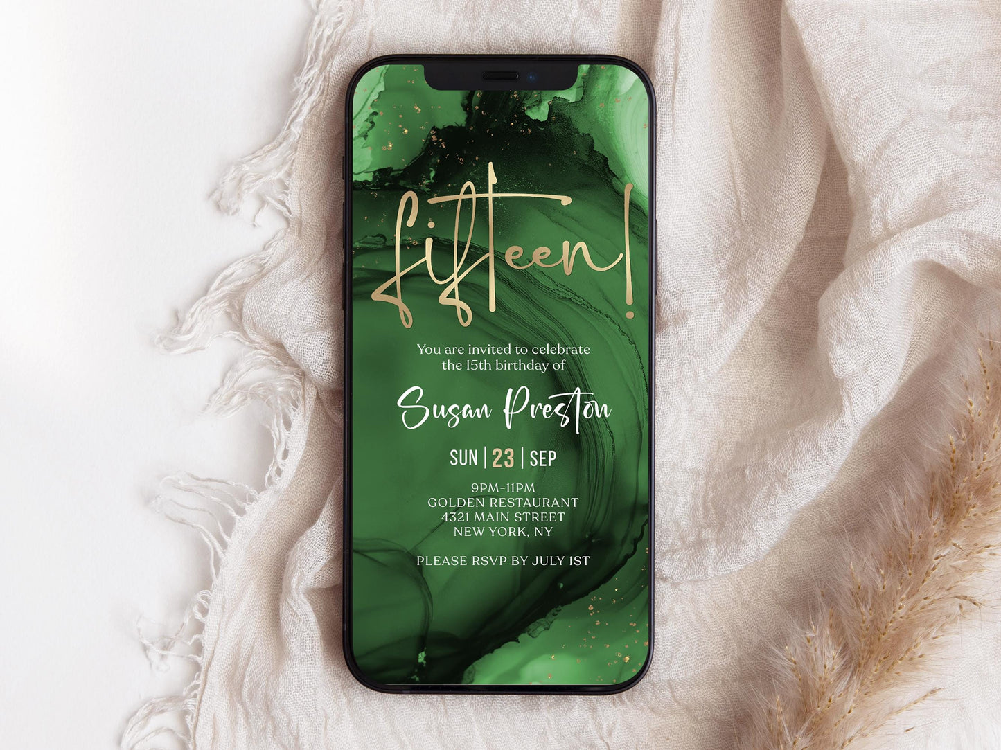 15th Birthday Invitation Template | Green Emerald Gold | Editable Text Message Evite