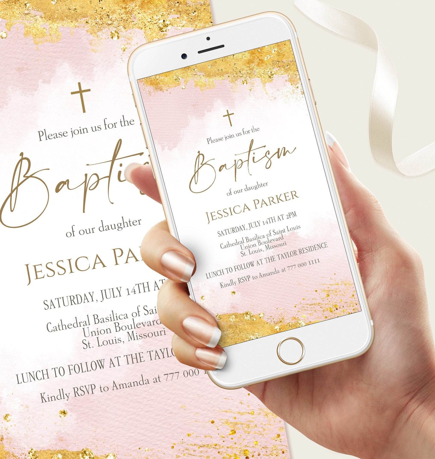 Electronic Girl Baptism Invitation, Digital Baptism Template, Pink Gold Watercolor Invite, Editable Baptism Text Message Evite