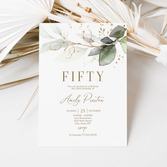 Editable Fifty 50th birthday Invitation Card Template, Printable Greenery Gold Leaves Birthday Invite, Digital Template, Email Text Message