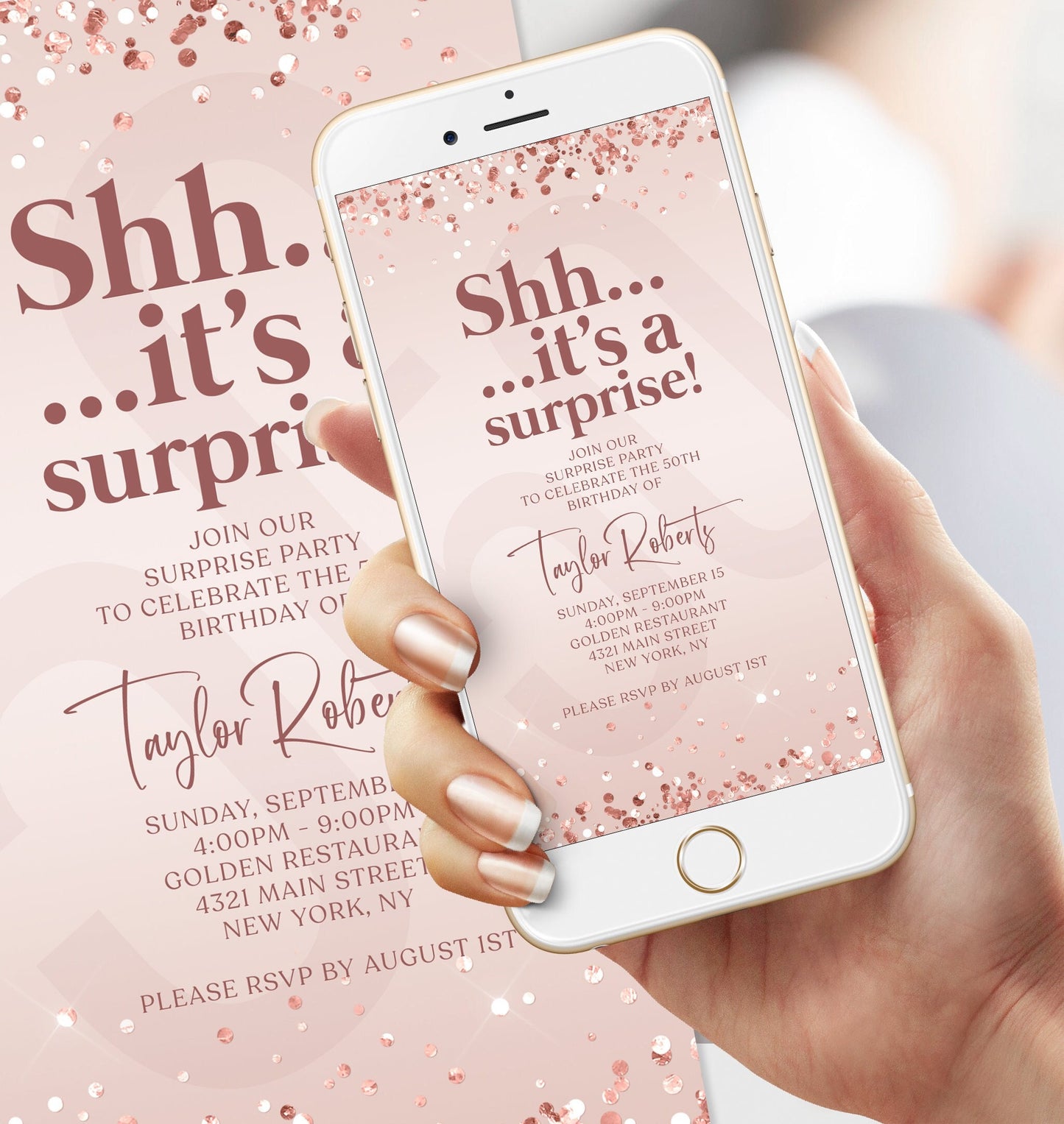 Digital pink "Shhh it’s a surprise" birthday invitation template, Editable 50th birthday text message evite in pink design, Instant download surprise party invitation for any age, Customizable pink birthday evite template, Printable pink surprise birthday invitation for text message, Mobile surprise birthday invitation with pink background, Editable digital pink surprise party invite for text or email, Text message birthday invitation for 50th or any milestone, Modern pink surprise birthday evite for women