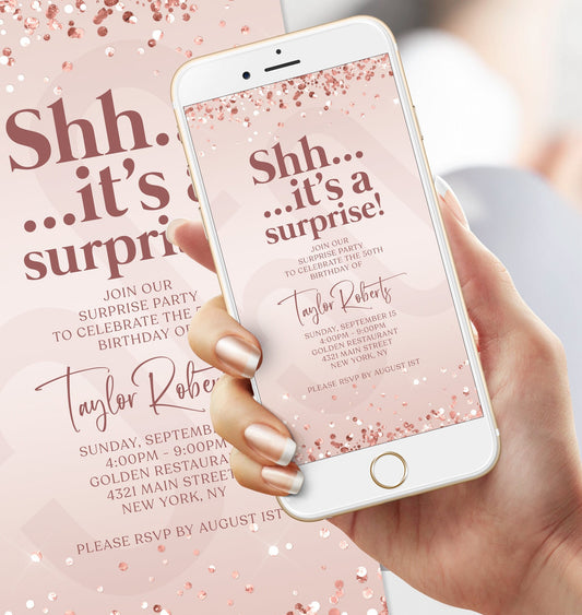 Digital pink "Shhh it’s a surprise" birthday invitation template, Editable 50th birthday text message evite in pink design, Instant download surprise party invitation for any age, Customizable pink birthday evite template, Printable pink surprise birthday invitation for text message, Mobile surprise birthday invitation with pink background, Editable digital pink surprise party invite for text or email, Text message birthday invitation for 50th or any milestone, Modern pink surprise birthday evite for women
