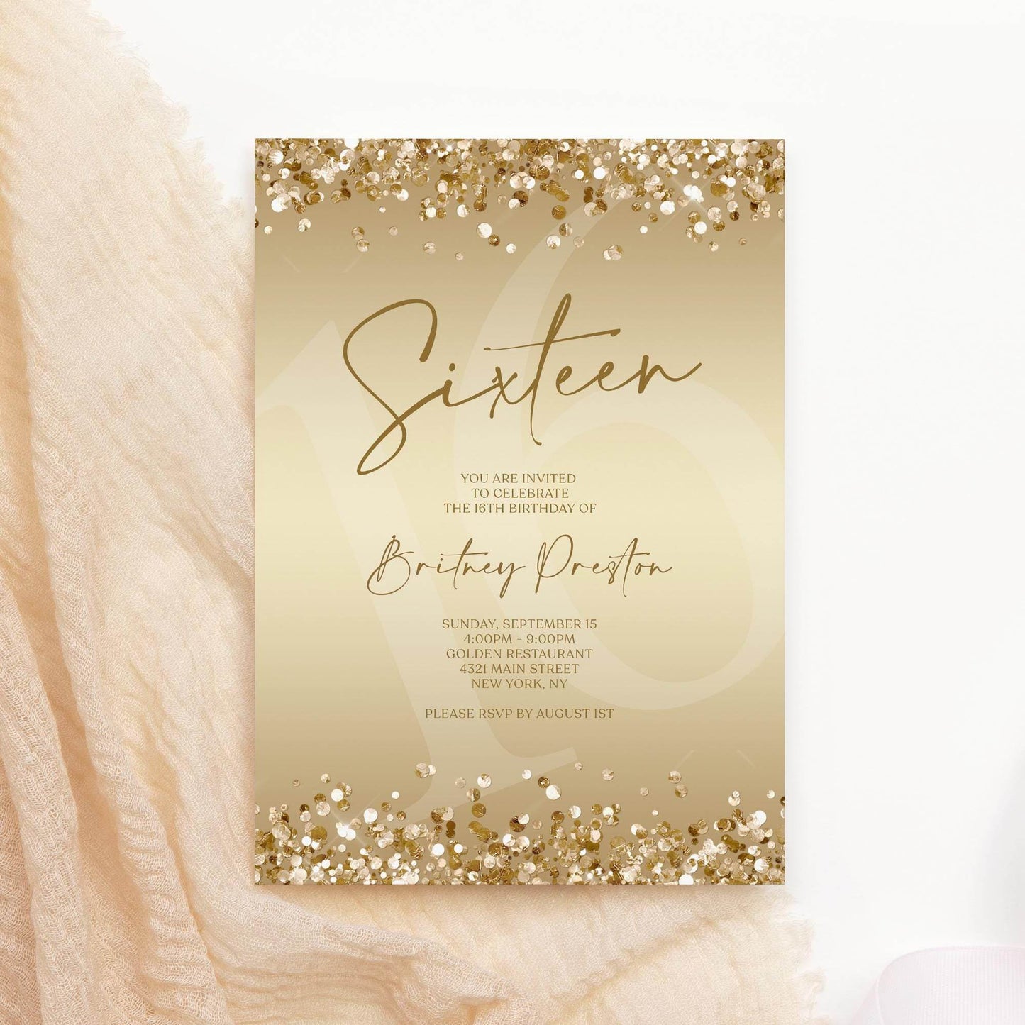 Gold 16th Birthday Invitation Template, Editable Digital Sweet Sixteen Party Invite, Confetti Text Message Evite, Instant Download DIY