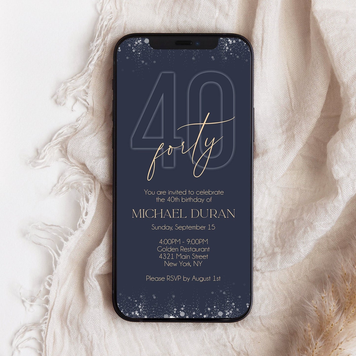 Electronic Navy Gold 40th Forty BIRTHDAY Invitation Evite, Digital Phone SMS Text message invite, Editable Template, Blue Mens Invitation