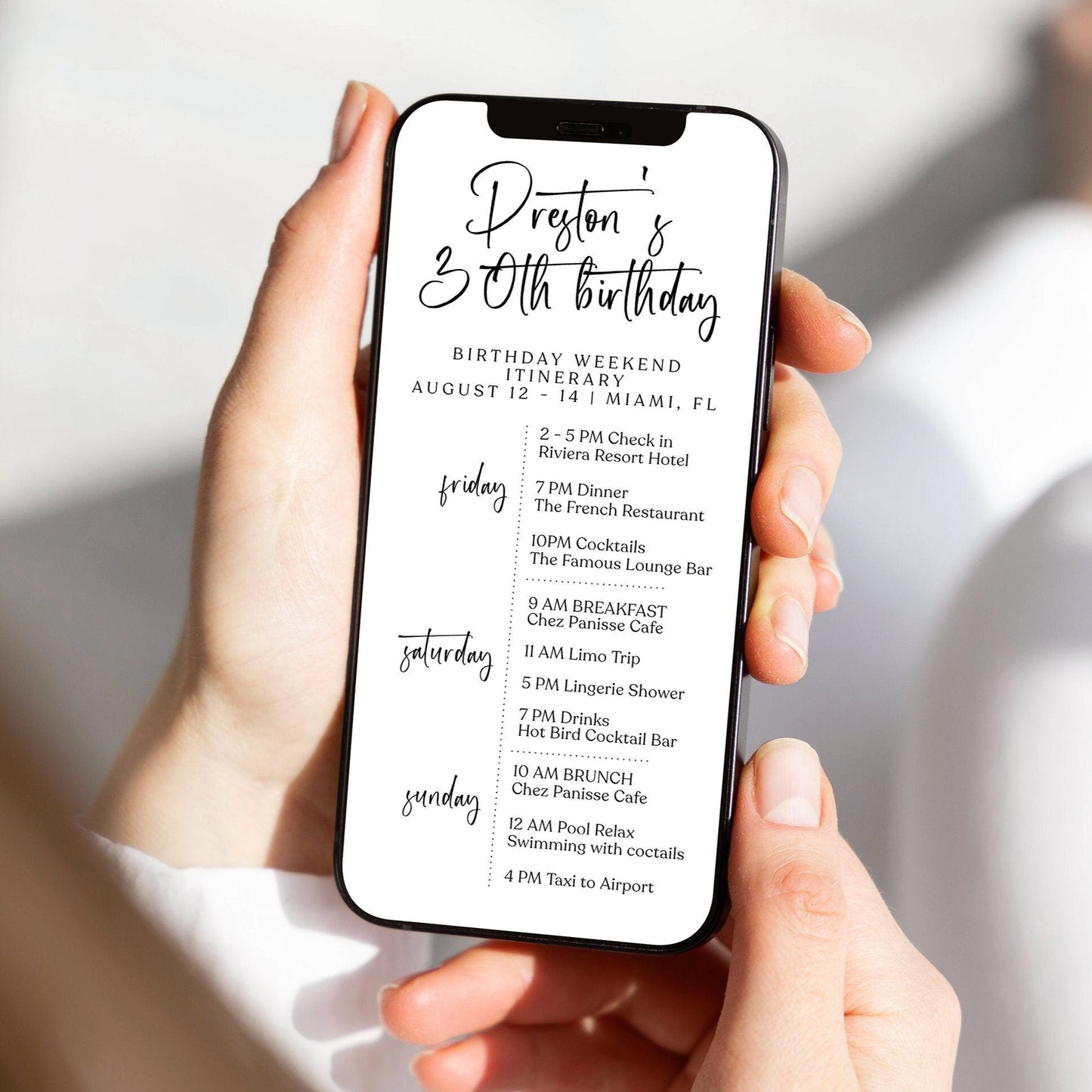 Digital White Birthday Weekend Itinerary Template | Simple Editable Itinerary | Minimalist Weekend Schedule | Electronic Birthday Evite