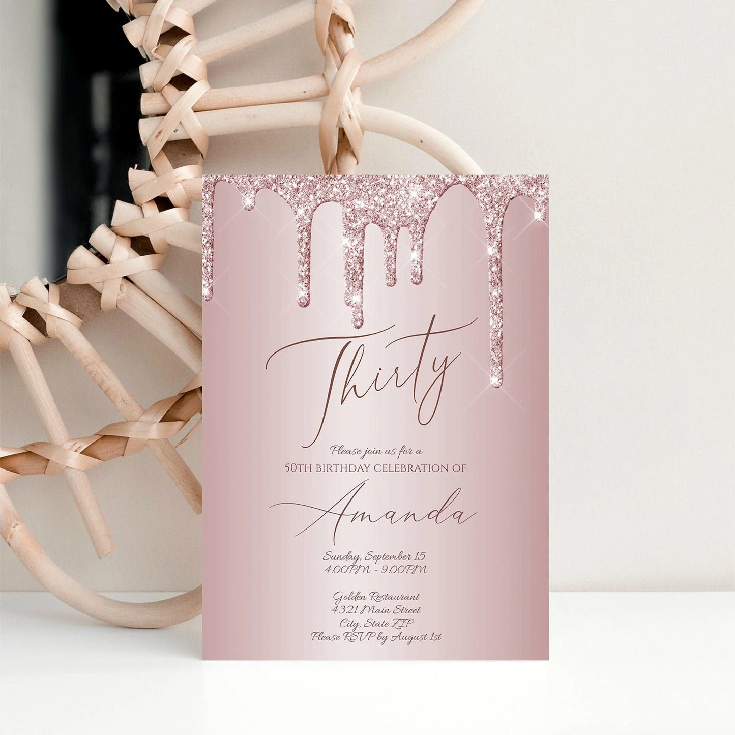 Printable Thirty Rose Gold Glitter Editable 30th Birthday Invitation Template, Modern Invite, Text Digital Invitation, Instant Download, 5x7